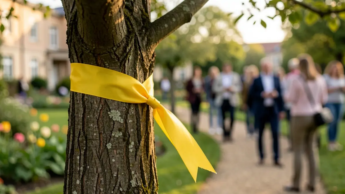 Generic image of a yellow ribbon tied around a tree branch, with a blurred hospital environment in the background.
