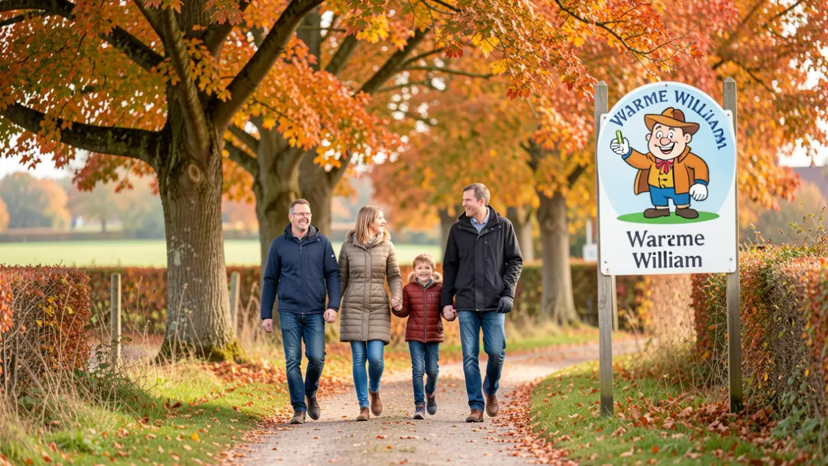 A family walking on a path in a Flemish countryside during autumn, with colorful leaves and a signpost featuring the character 'Warme William'.