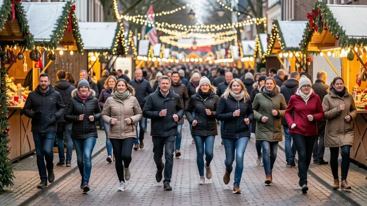 A diverse group of people of various ages running and walking on a decorated Christmas market path in Wijnegem, with festive lights and stalls blurred in the background. The atmosphere is warm and communal, focusing on movement and solidarity.