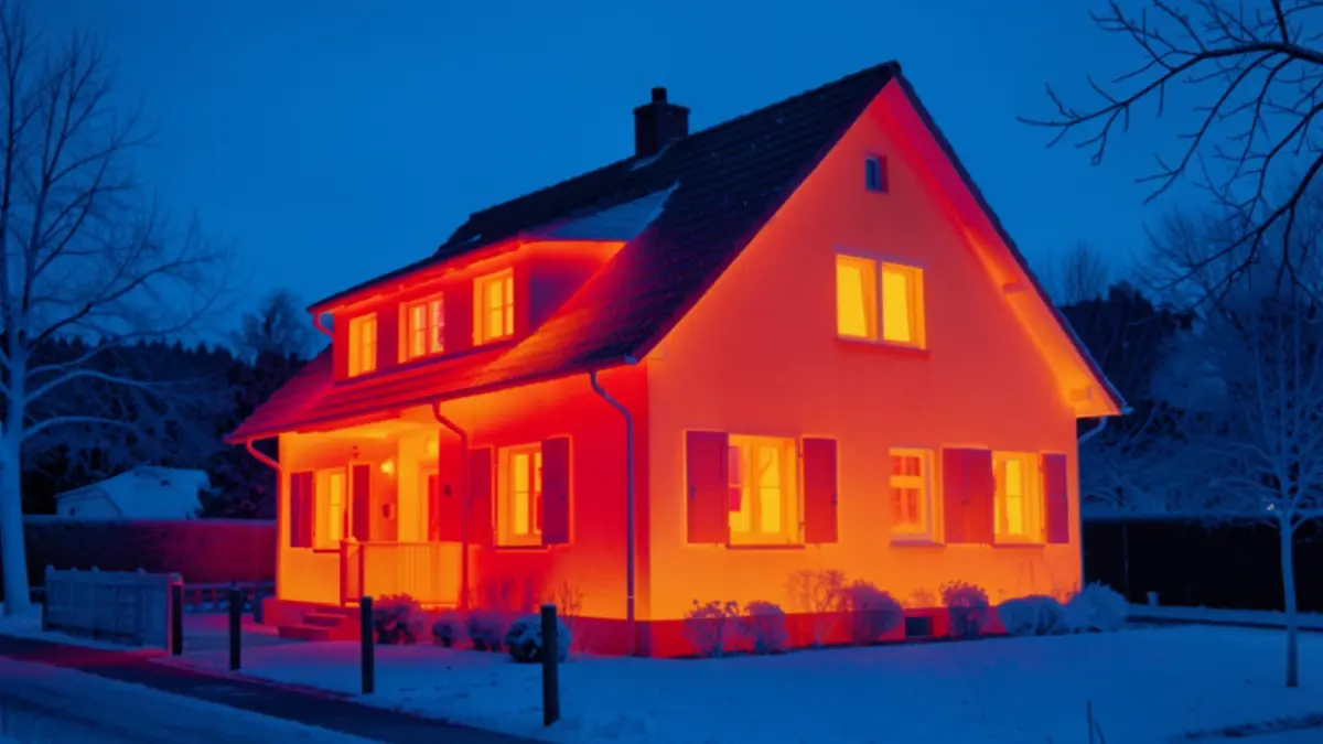 Generieke afbeelding van een thermografische scan van een woning die warmteverlies toont.