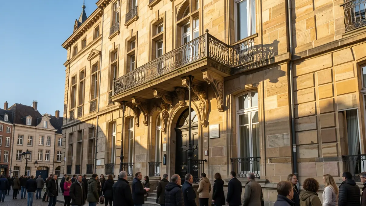 Generic image of a traditional stone facade of a Vlaanderen town hall with an ornate balcony and iron railings, in warm afternoon sunlight casting long shadows on the sandstone walls, clear blue sky.