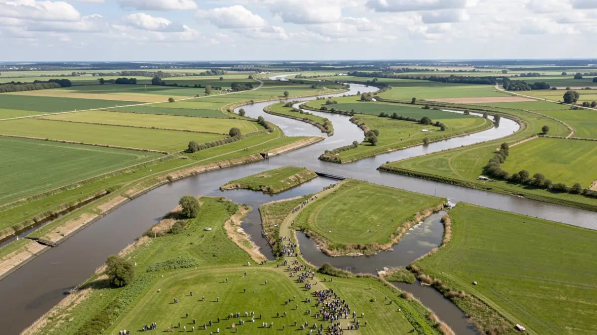 Generieke afbeelding van een brede riviervallei in Vlaanderen met groene velden en kronkelende waterlopen, onder een deels bewolkte hemel.