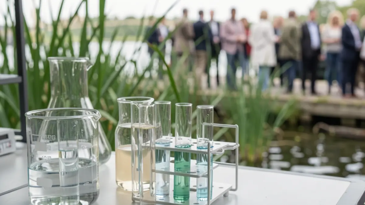 Generieke afbeelding van watermonsters in reageerbuizen en beakers op een laboratoriumbank, met op de achtergrond vervaagde groene rietstengels en water. Zacht, natuurlijk daglicht. Documentaire stijl.