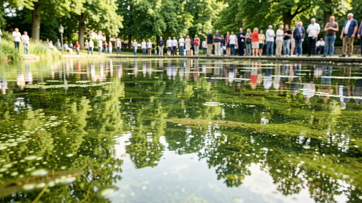 Detailed shot of a pond's water surface showing visible algae and phytoplankton, reflecting green foliage.