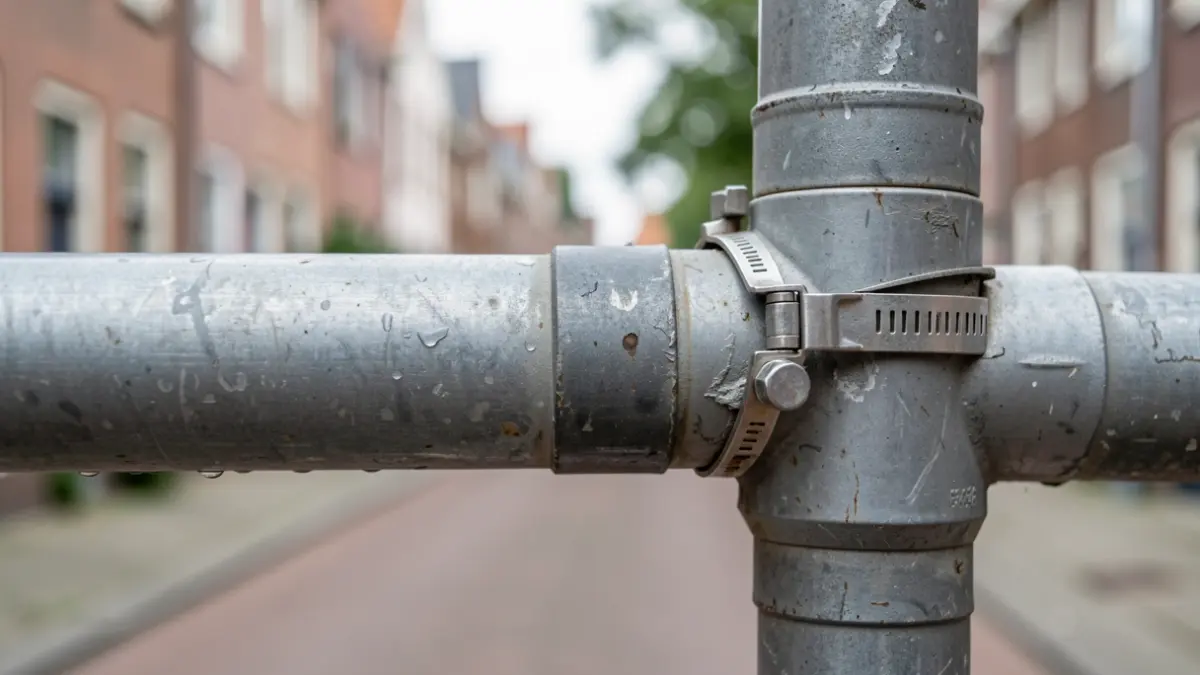 A water pipe with a repair clamp, with a street in Flanders in the background.