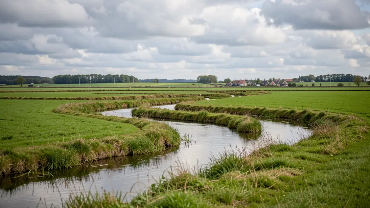 Generic image of a Flemish polder landscape with a shallow watercourse under a cloudy sky.