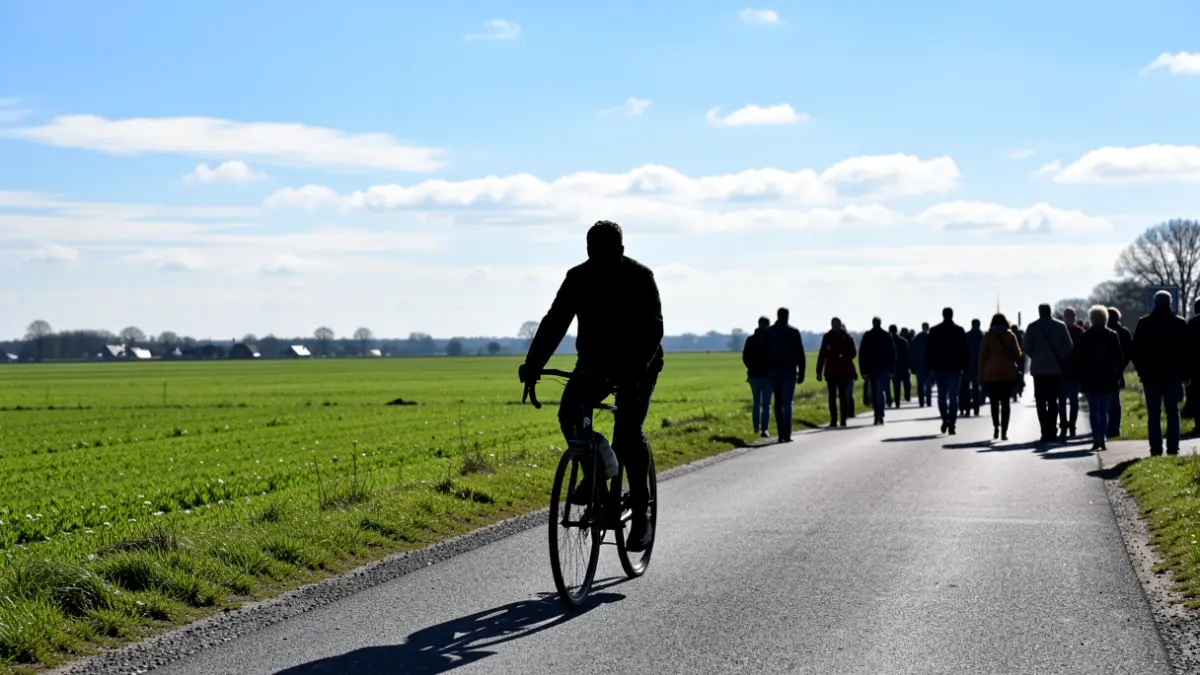 Generieke afbeelding van een fietser op een weg in Vlaanderen, met groene velden en een blauwe hemel op de achtergrond. De focus ligt op de weg en het landschap.