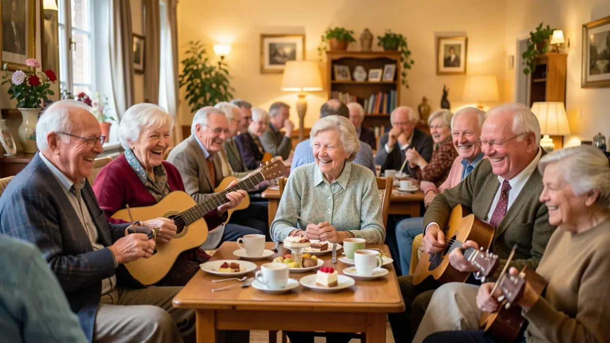 Generieke afbeelding van een groep oudere mensen die genieten van activiteiten zoals muziek en desserts in een gezellige woonkamer.