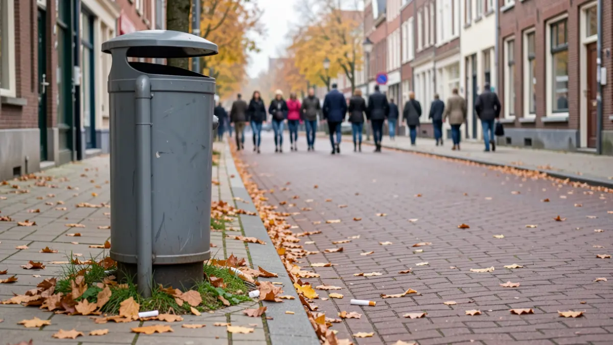 Een straatbeeld in Ieper tijdens de herfst, met herfstbladeren op het voetpad en enkele sigarettenpeuken bij een openbare vuilnisbak. De sfeer is proper maar met zichtbare zwerfvuil, wat duidt op handhaving.