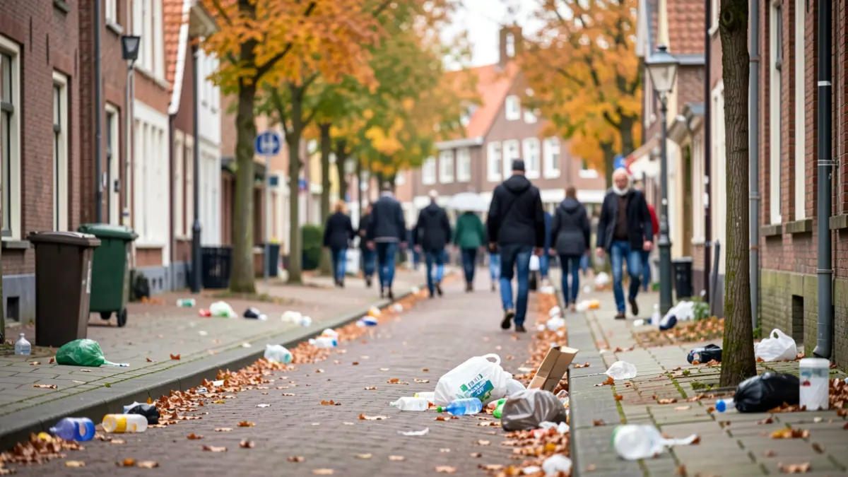 Een straatbeeld in een Vlaamse gemeente tijdens de Week van de Handhaving, met aandacht voor zwerfvuil en sluikstort.
