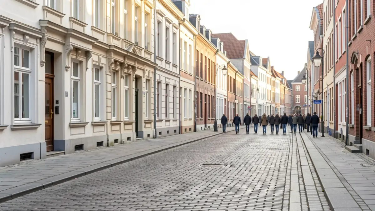 A clean street in a Flemish municipality with neat facades and cobblestones, in soft afternoon light.