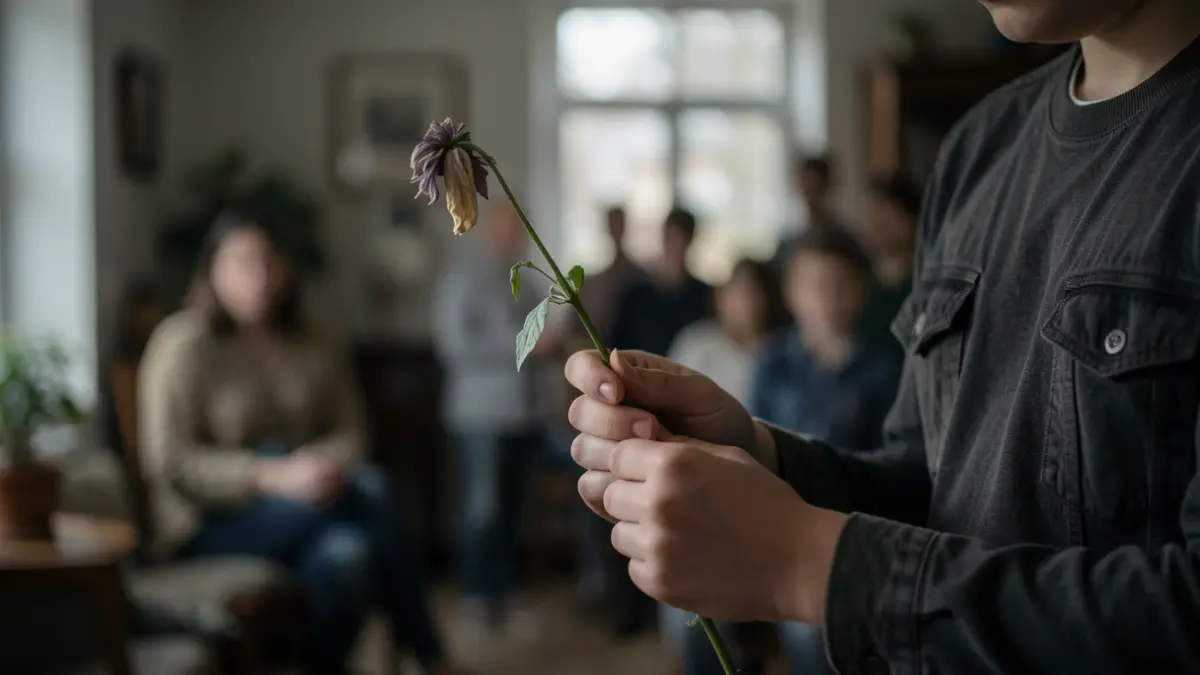 Generic image of young hands holding a wilting flower, with a soft, blurred background of a home interior. The lighting is subdued and melancholic.