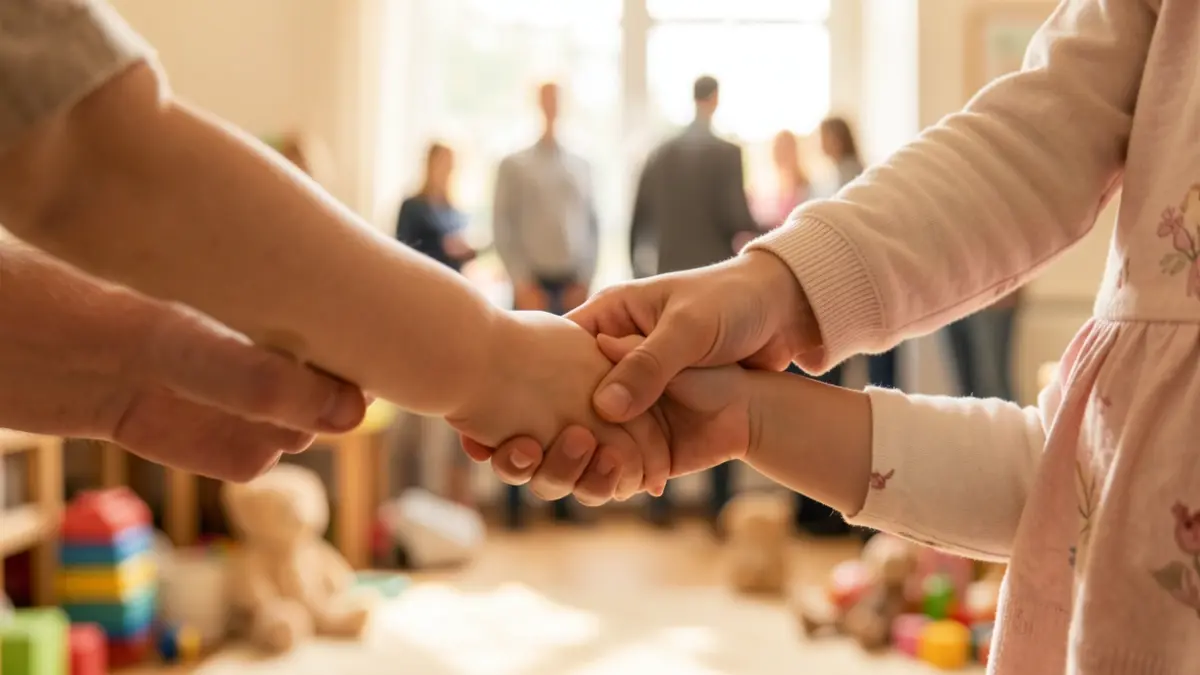 Een warme en uitnodigende scène die de 'magie van kinderopvang' uitbeeldt, met wazige handen die zachtjes de hand van een klein kind vasthouden, wat vertrouwen en groei symboliseert. Zacht, diffuus licht creëert een comfortabele sfeer. Focus op de verbinding en zorg, zonder specifieke gezichten of identificeerbare details. De achtergrond suggereert een voedende omgeving, mogelijk met zacht-wazige speelgoedjes of natuurlijke elementen.