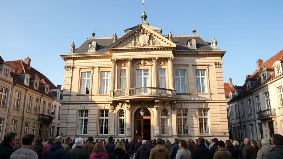 Generieke afbeelding van een Vlaamse stadhuisgevel met een balkon in de namiddagzon.
