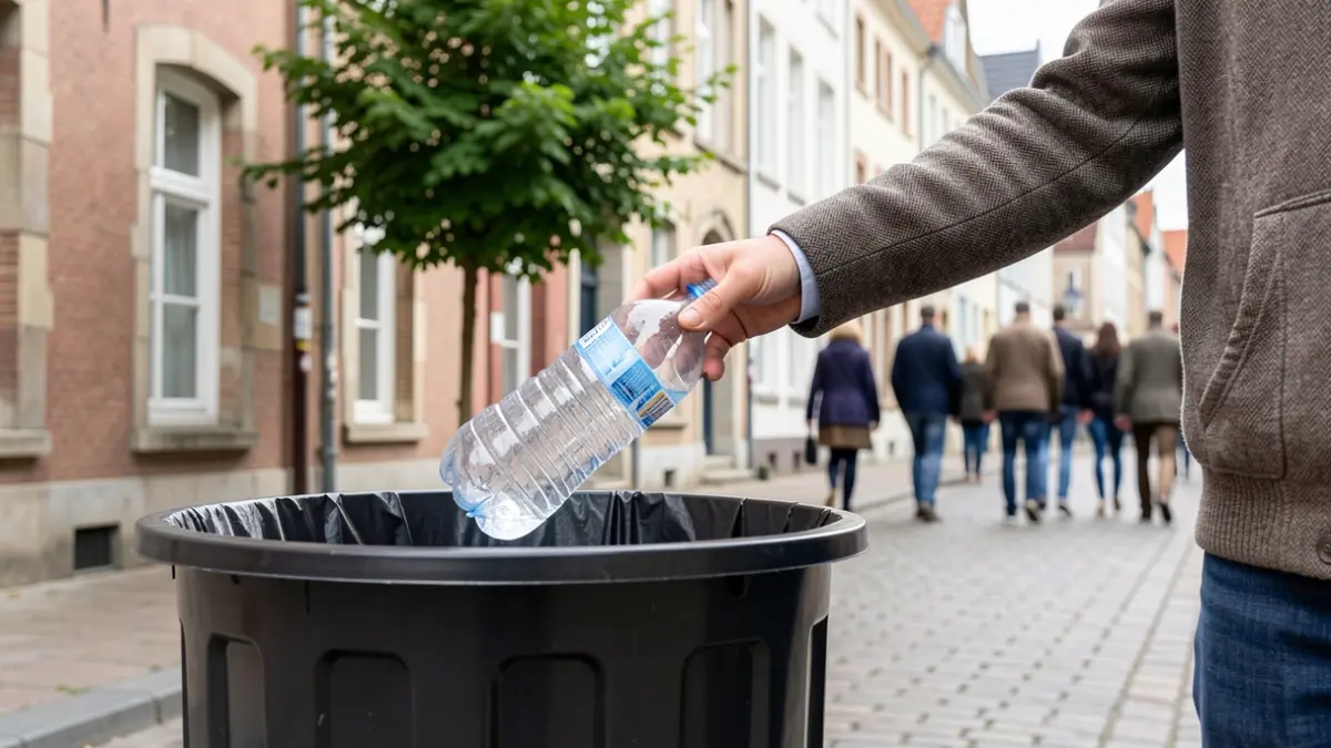 A hand throws a plastic bottle into a trash bin on a clean street in Tessenderlo-Ham.