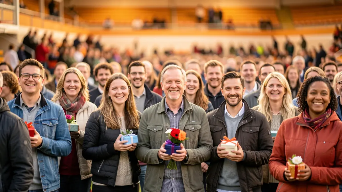 Generieke afbeelding van een groep mensen die hun waardering tonen aan sportofficials in een sportieve omgeving.