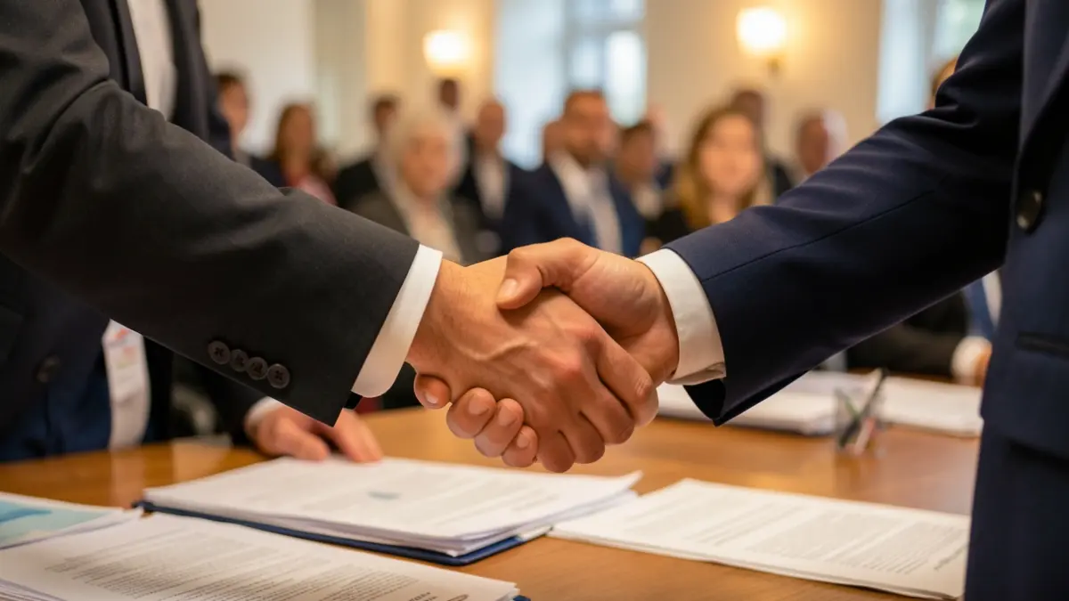 Generic image of two hands shaking in agreement over a desk with blurred paperwork and warm office lighting.