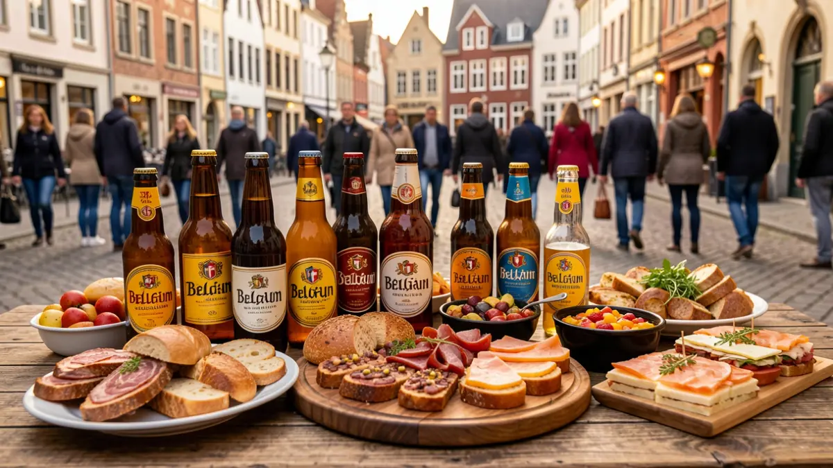 Een levendige en kleurrijke selectie van Belgische bieren en gastronomische producten, kunstig gerangschikt op een rustieke houten tafel. De belichting is warm en uitnodigend.