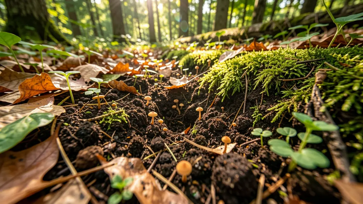 Gedetailleerde weergave van de bosbodem in Nationaal Park Bosland, met schimmels, plantenwortels en bodemleven, gefilterd zonlicht.