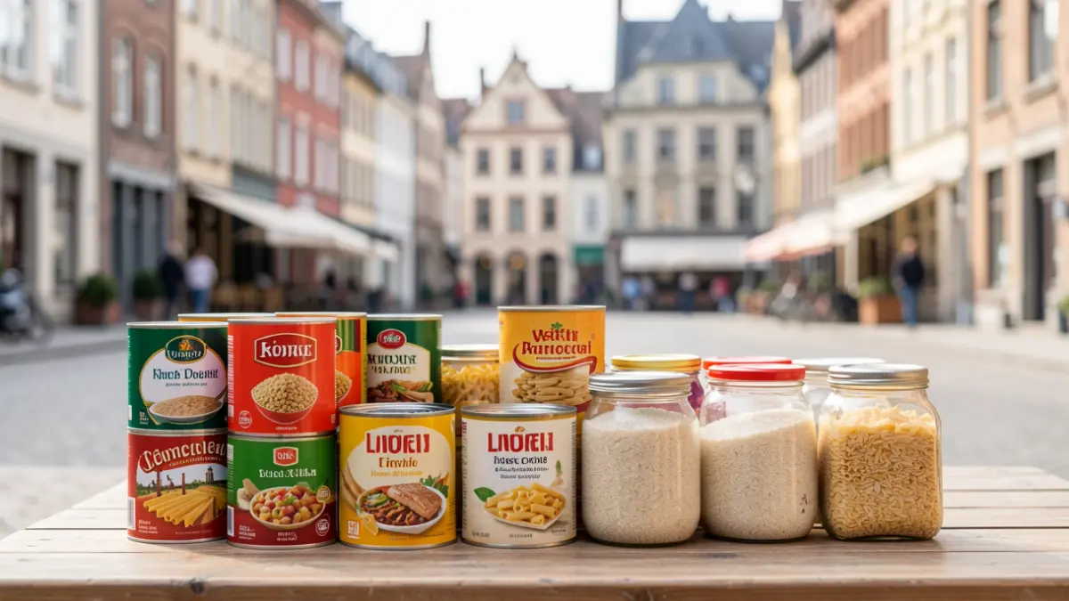 Een verzameling niet-bederfelijke voedselproducten zoals conserven, pasta en rijst netjes gerangschikt op een tafel, met een vage achtergrond van een dorpsplein in Vlaanderen, zacht daglicht.