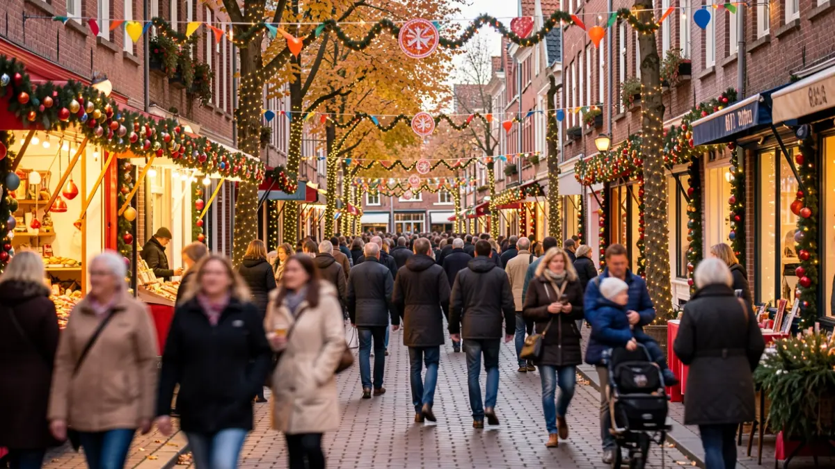 Feestelijke winkelstraat in een Vlaamse stad tijdens de herfst, met kleurrijke decoraties en wazige figuren van genietende mensen. Warme, uitnodigende verlichting. Focus op de sfeer van een klantenevenement.