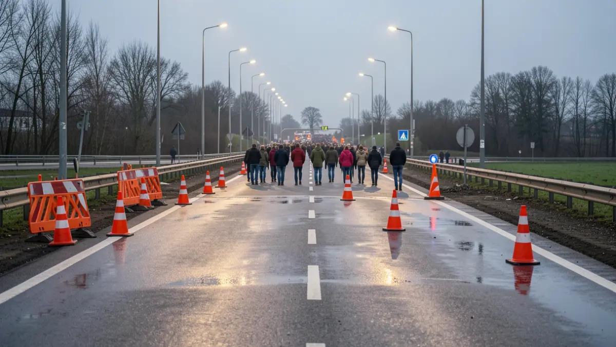 Generieke afbeelding van wegwerkzaamheden op een afrit in Vlaanderen met oranje verkeerskegels en barrières, nat asfalt dat straatverlichting reflecteert.