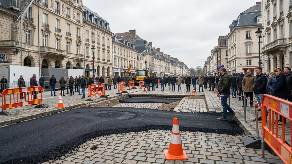 Generieke afbeelding van een bouwplaats waar asfalt wordt verwijderd om kasseien bloot te leggen, met oranje veiligheidsbarrières en kegels onder een bewolkte hemel.