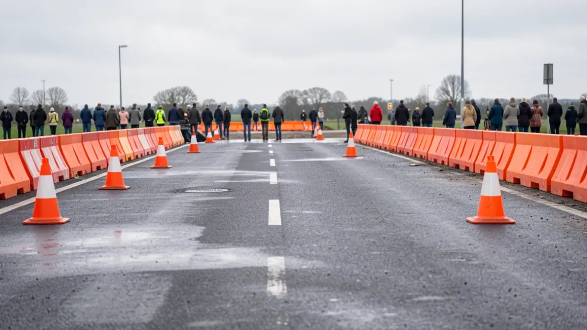 Generieke afbeelding van een wegenwerk met oranje barrières en kegels op een nat wegdek onder een bewolkte hemel.