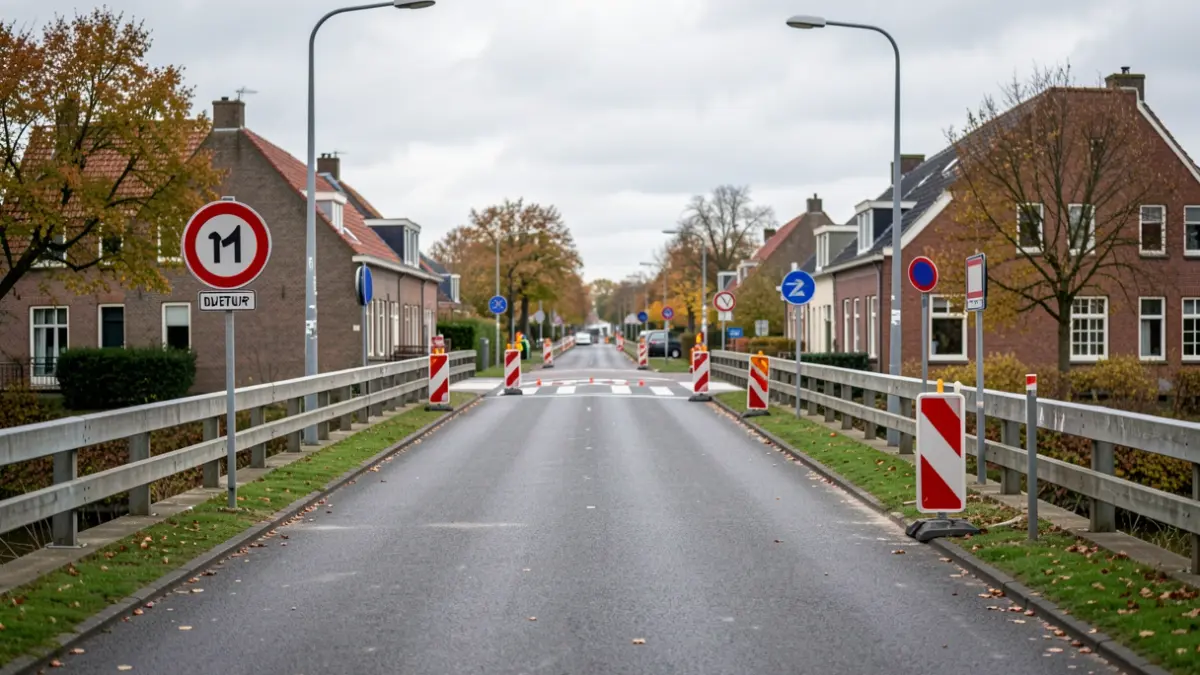 Generieke afbeelding van wegwerkzaamheden aan een brug met omleidingen en bouwborden.