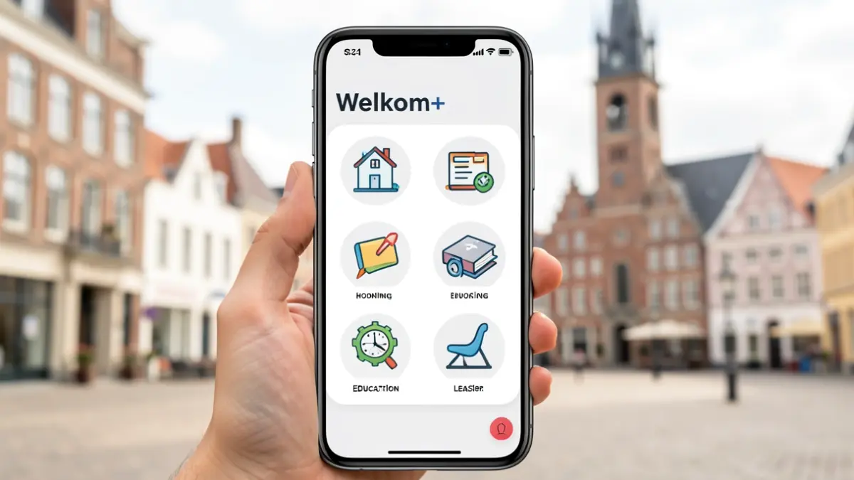 Scherm van de Welkom+ app op een smartphone, met iconen voor wonen, werken, onderwijs en vrije tijd. Op de achtergrond een wazig Vlaams stadsplein met belfort.