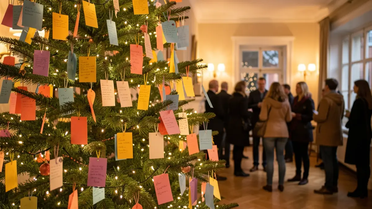 Generieke afbeelding van een kerstwensboom met kleurrijke wensen aan de takken, in een warme, uitnodigende binnenruimte. Zachte, sfeervolle verlichting.
