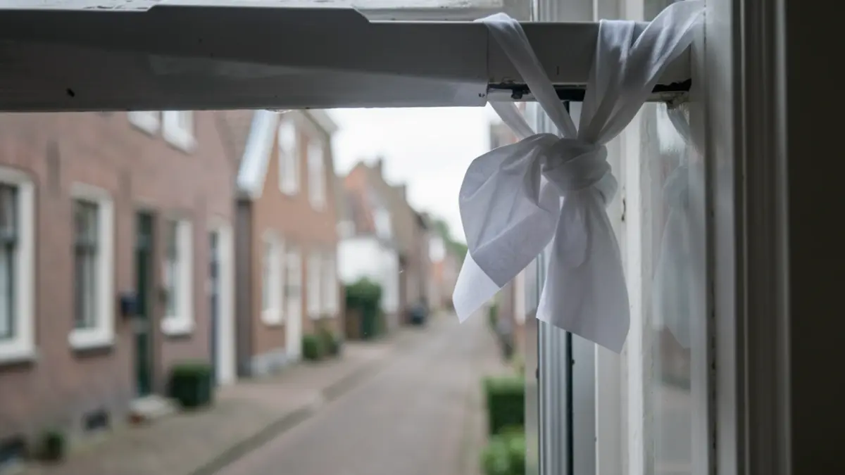 Generic image of a white sheet tied with a knot, hanging from a window frame. The background shows a blurred street in Flanders.