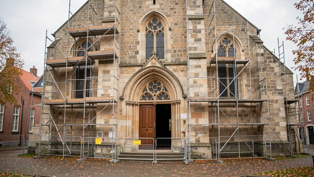 Generieke afbeelding van een kerkgevel in Vlaanderen met bouwwerken en herfstbladeren.