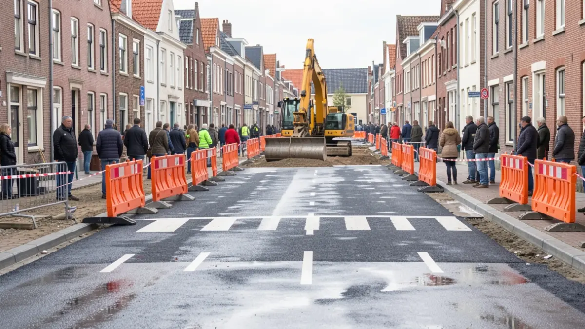 Generieke afbeelding van wegwerkzaamheden in een Vlaamse gemeente met oranje barrières en machines, gericht op het aanbrengen van asfalt en wegmarkeringen.