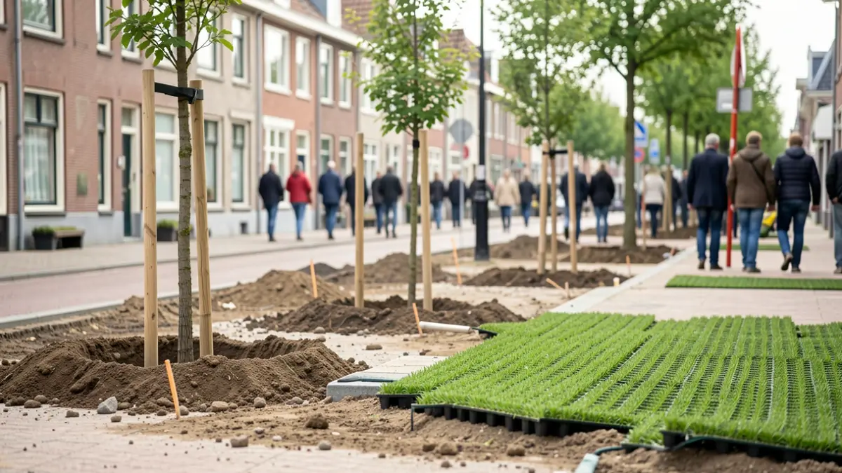 Straatwerken in Herent met aanleg van groen en grasdallen.