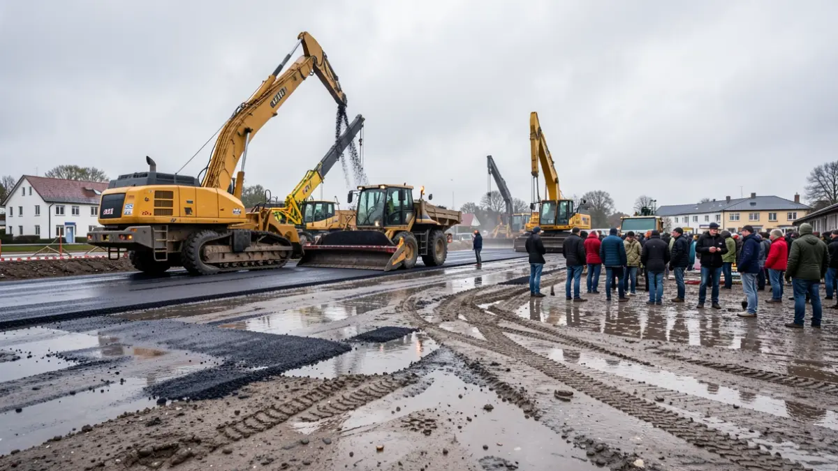 Generieke afbeelding van een bouwplaats met zwaar materieel en asfaltlegapparatuur, natte grond door regen, bewolkte hemel.