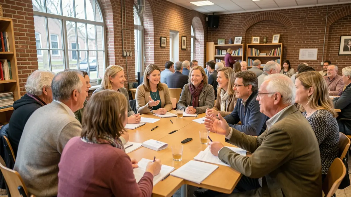Generic image of a diverse group of people gathering in a community space in Flanders to exchange ideas for a dementia-friendly municipality.