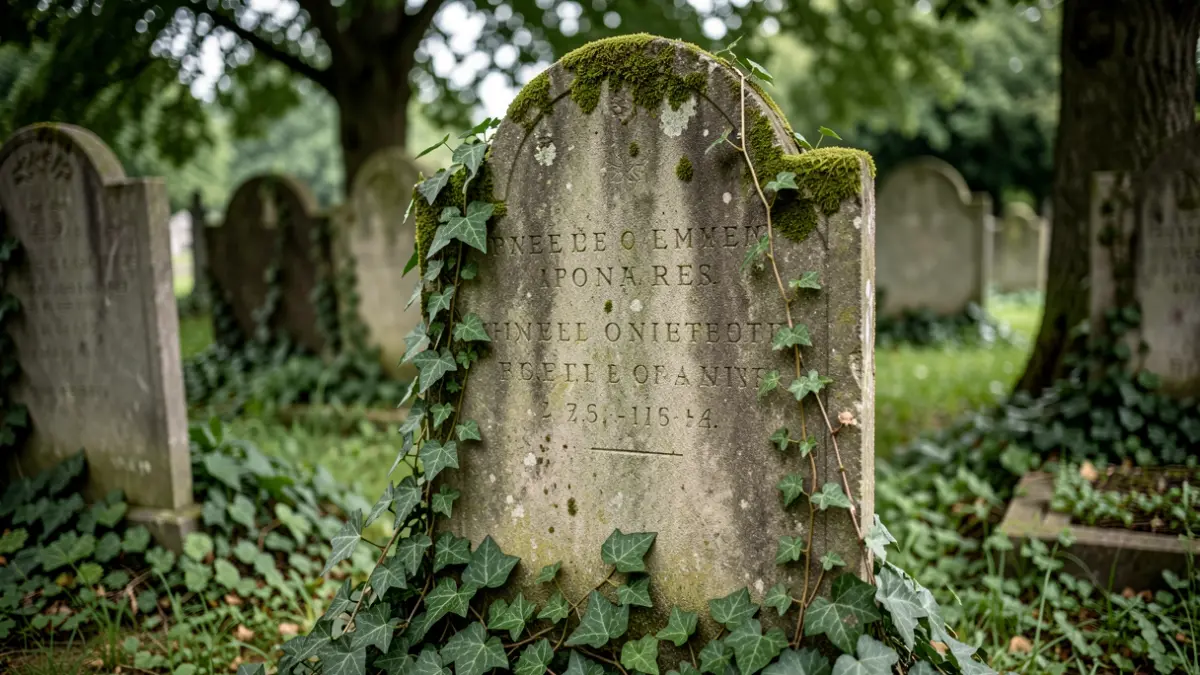 Een oude grafsteen met vervaagde inscripties, bedekt met mos en klimop op een begraafplaats in Vlaanderen.