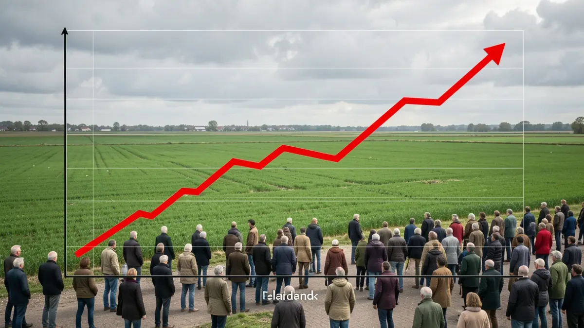Generieke afbeelding van een dalende arbeidsmarktcurve tegen een groen Vlaams landschap met bewolkte lucht.