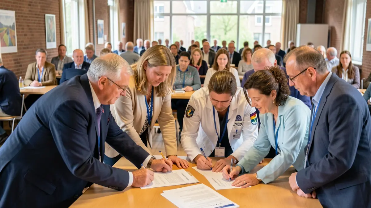 Generic image of a group of people signing a document in a community center, focusing on collaboration.