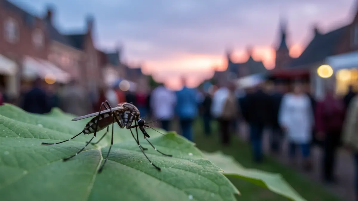 Een close-up van een mug op een groen blad, met een vervaagde achtergrond van een Vlaams landschap in de schemering. De mug is het hoofdonderwerp.
