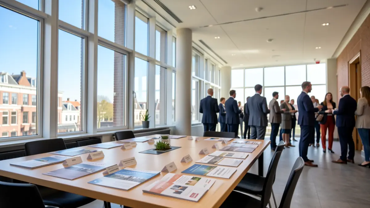 Generic image of a modern, bright reception area in Flemish style with large windows and a table with brochures, suitable for a networking event.