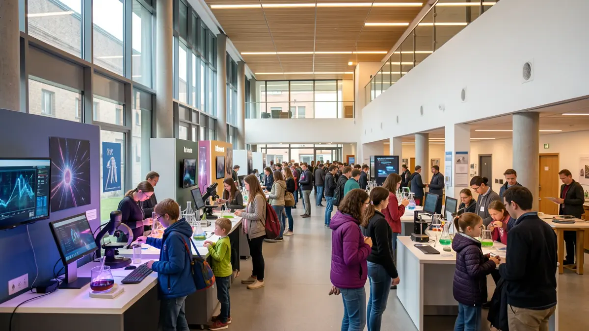 Een levendige scène binnen een moderne universiteitscampus, met interactieve wetenschappelijke tentoonstellingen en demonstraties. Mensen van alle leeftijden zijn betrokken en nieuwsgierig. Zacht, uitnodigend licht verlicht de ruimte, met zichtbare elementen van technologie en creativiteit. De algehele sfeer is er een van ontdekking en leren.