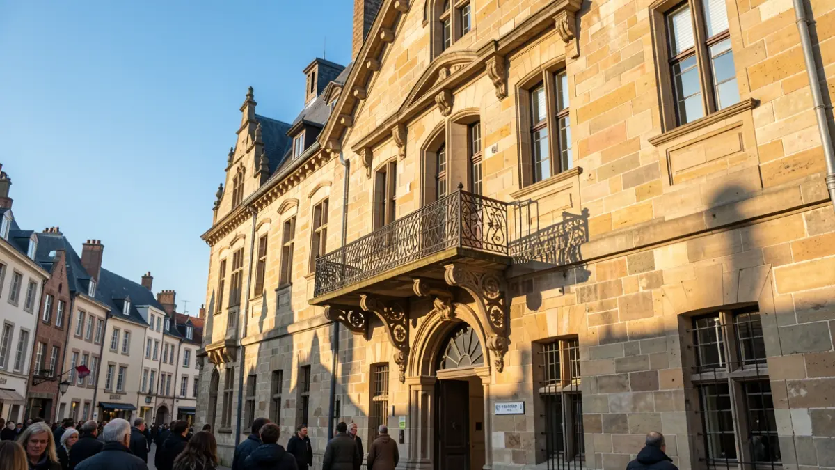 Generieke afbeelding van de gevel van een Vlaams stadhuis met een sierlijk balkon en ijzeren balustrade, in warm middaglicht.