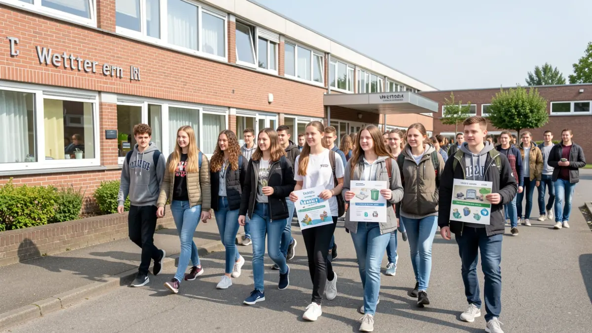 Young people receiving information about litter near a school in Wetteren.