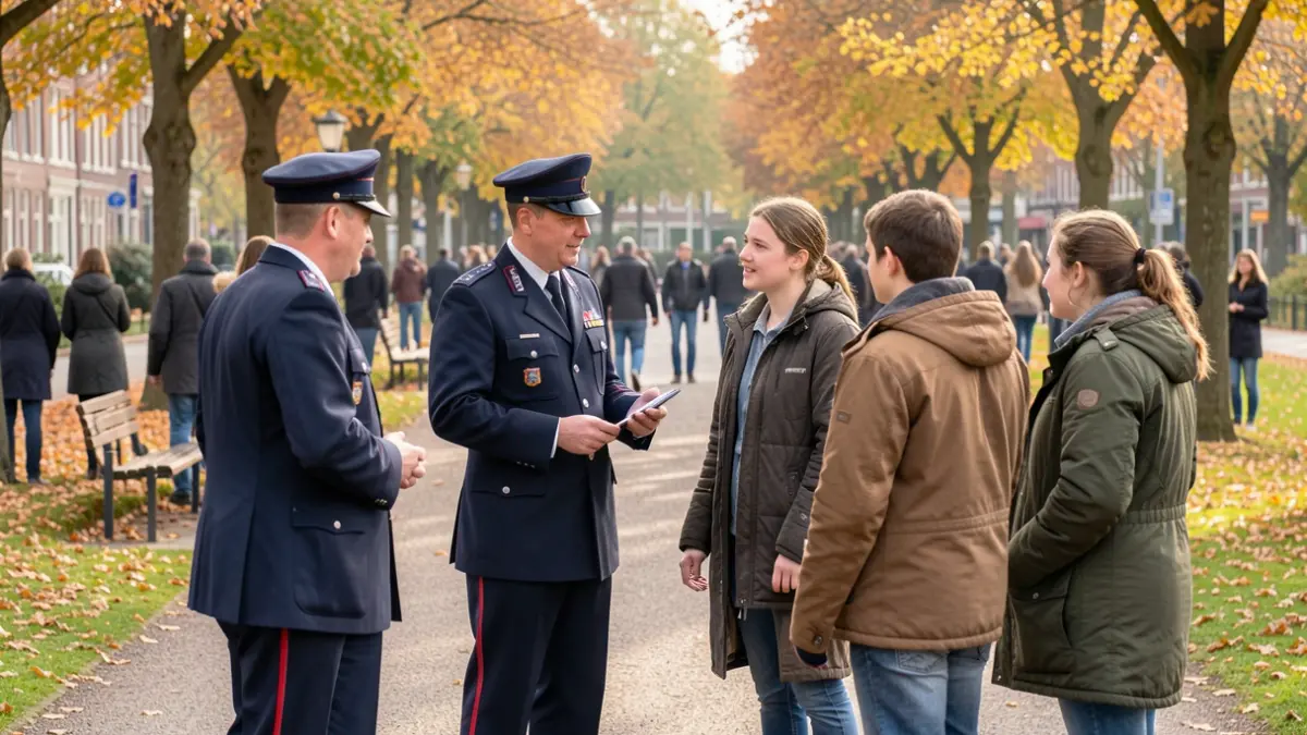 Generic image of community guards talking to young people in a park in Flanders.