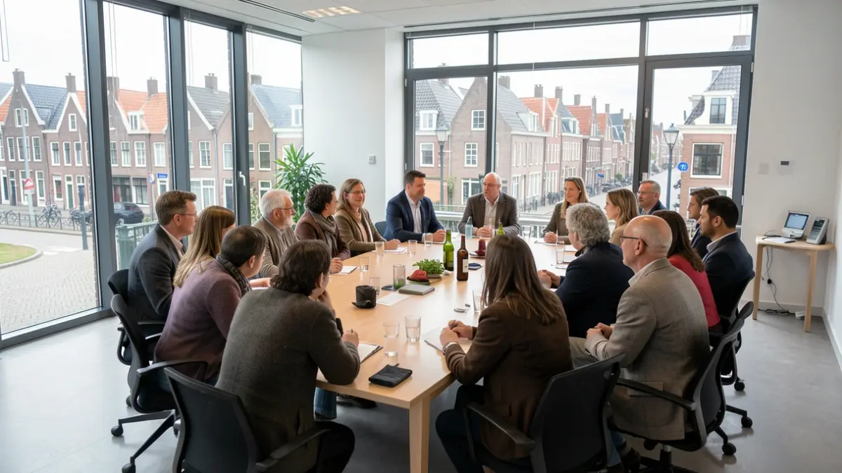 Diverse groep inwoners van Wetteren rond een vergadertafel in een moderne ruimte met uitzicht op de stad.