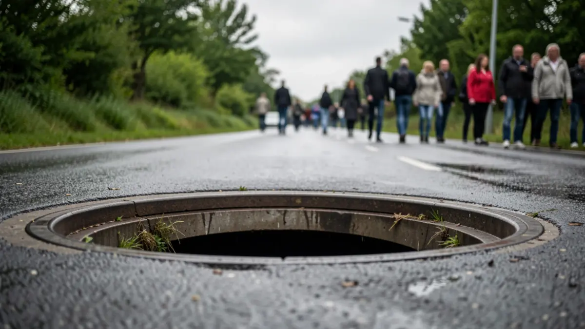 Generic image of a storm drain on a wet street in Flanders, with greenery and a grey sky in the background.