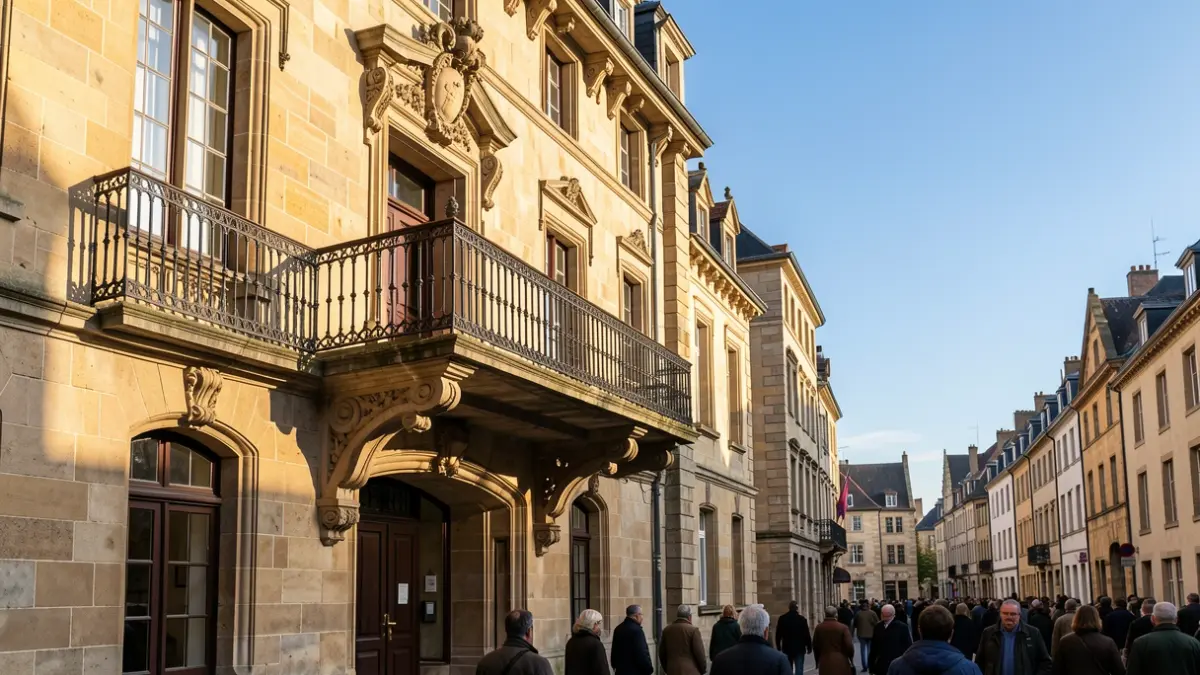 Generieke afbeelding van een stadhuisgevel met balkon en leuningen, in warm zonlicht.