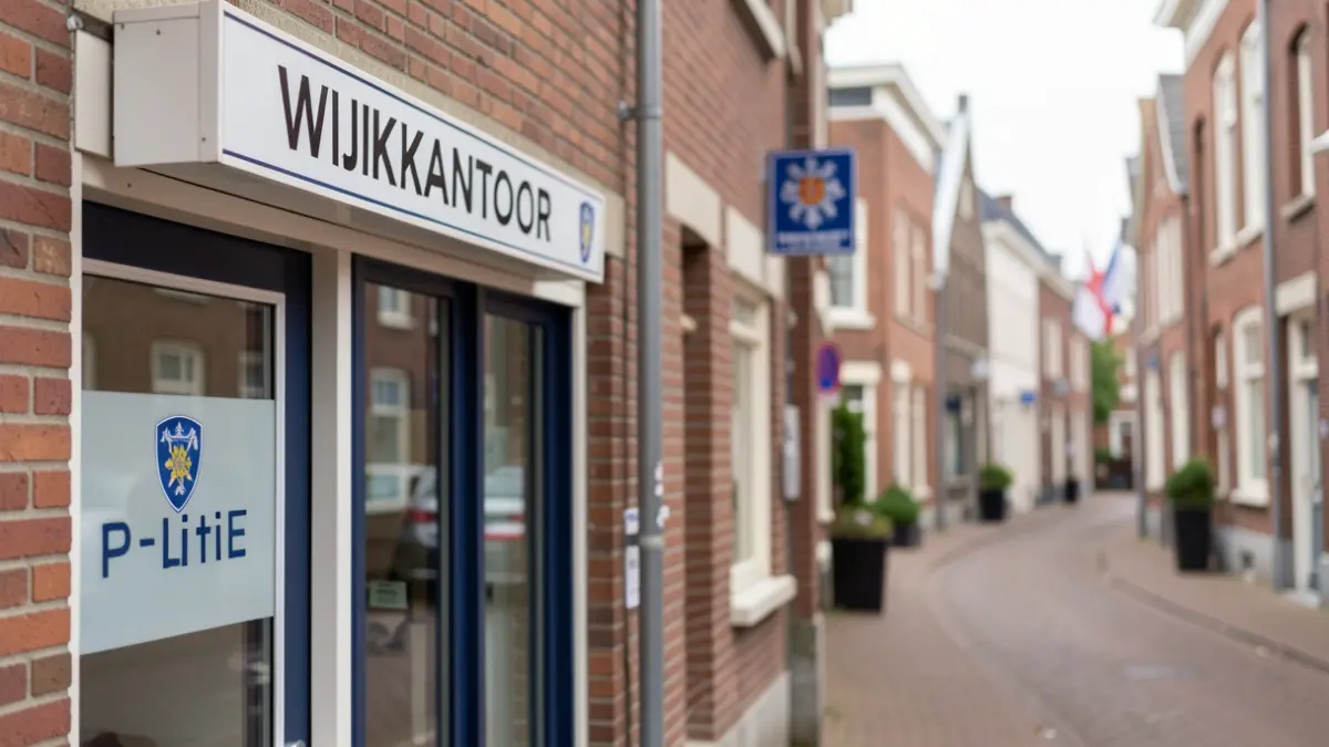 Generic image of a police station with a sign 'Wijkkantoor' and 'Politie', with a blurred background of a street in Flanders. The image conveys a sense of official public service.